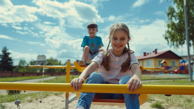 Children Having Fun on Seesaw and Swing at Playground