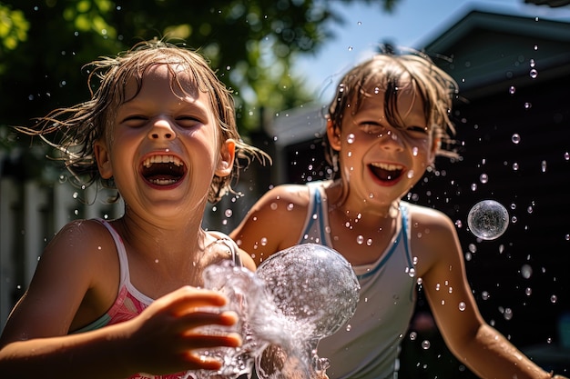 Children having a playful water balloon fight in a backyard their expressions full of mischief shot