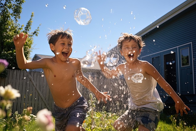 Children having a playful water balloon fight in a backyard their expressions full of mischief shot