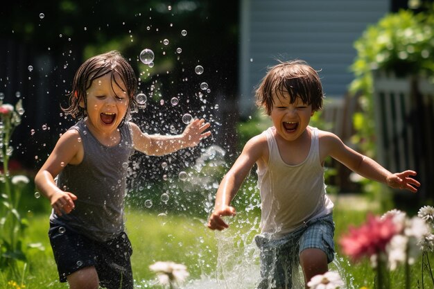 Children having a playful water balloon fight in a backyard their expressions full of mischief shot