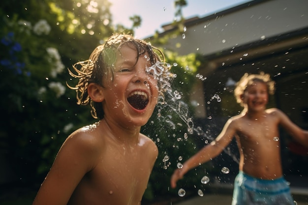 Children having a playful water balloon fight in a backyard their expressions full of mischief shot