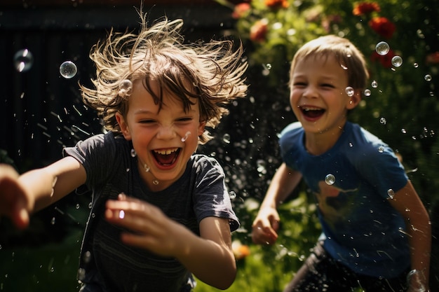 Children having a playful water balloon fight in a backyard their expressions full of mischief shot