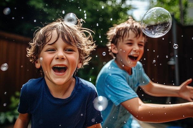 Children having a playful water balloon fight in a backyard their expressions full of mischief shot