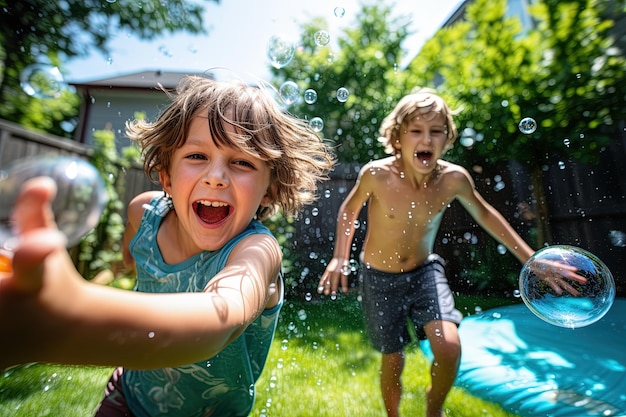 Children having a playful water balloon fight in a backyard their expressions full of mischief shot