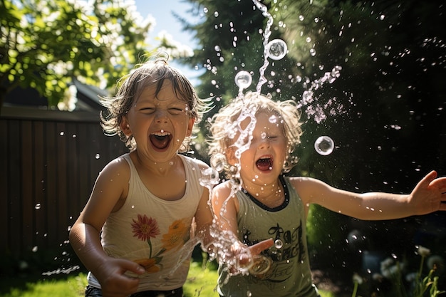 Children having a playful water balloon fight in a backyard their expressions full of mischief shot