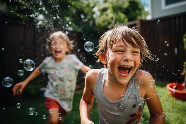 Children having a playful water balloon fight in a backyard their expressions full of mischief shot