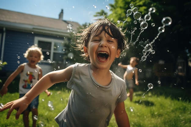 Children having a playful water balloon fight in a backyard their expressions full of mischief shot