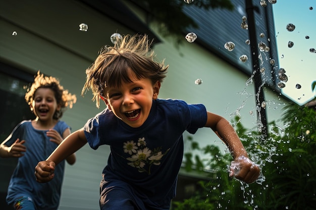 Children having a playful water balloon fight in a backyard their expressions full of mischief shot