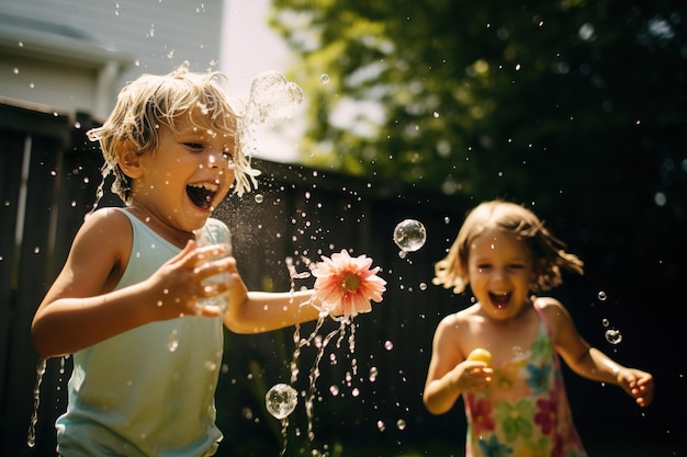 Children having a playful water balloon fight in a backyard their expressions full of mischief shot