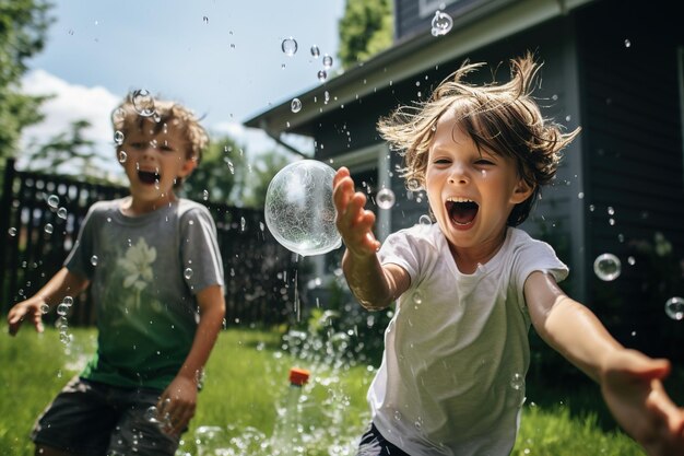 Children having a playful water balloon fight in a backyard their expressions full of mischief shot