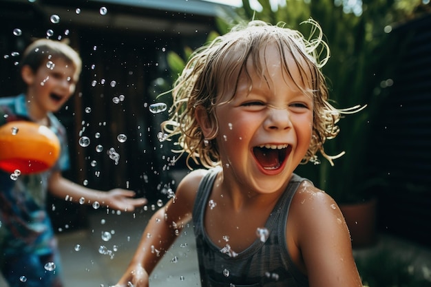 Children having a playful water balloon fight in a backyard their expressions full of mischief shot