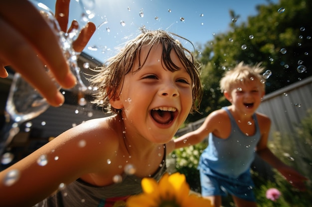 Children having a playful water balloon fight in a backyard