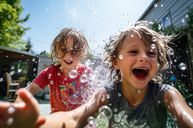 Children having a playful water balloon fight in a backyard