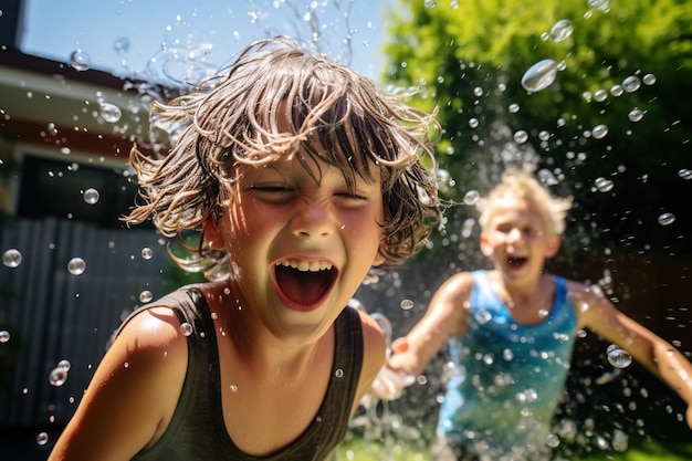 Children having a playful water balloon fight in a backyard