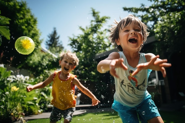 Children having a playful water balloon fight in a backyard