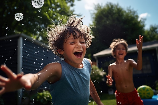 Children having a playful water balloon fight in a backyard