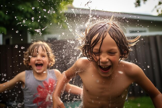 Children having a playful water balloon fight in a backyard