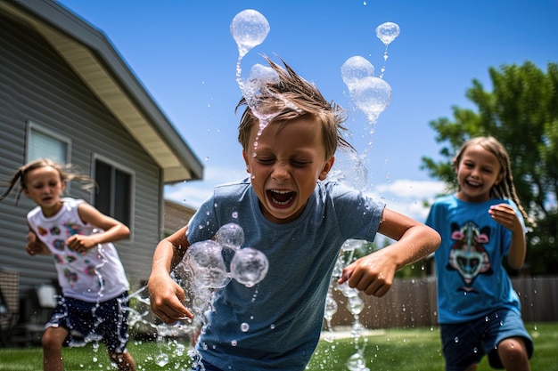 Children having a playful water balloon fight in a backyard