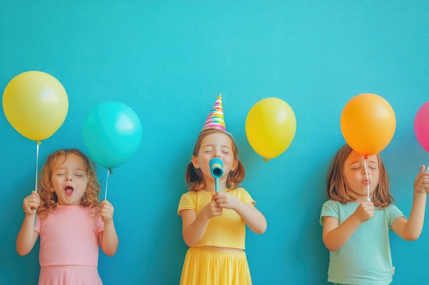 Photo children holding colorful balloons and blowing party horn during birthday