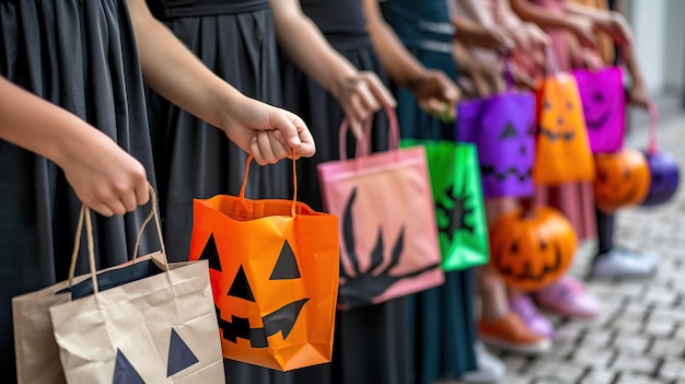 Photo children holding halloween trickortreat bags standing in row