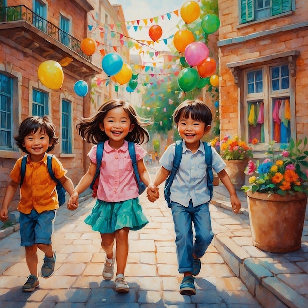 Children Holding Hands and Celebrating World Childrens Day in a Colorful Street