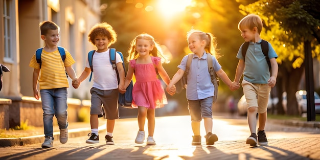 children holding hands and walking down the street with the sun behind them