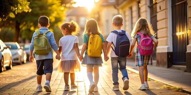 children holding hands walking down a street with their back to camera