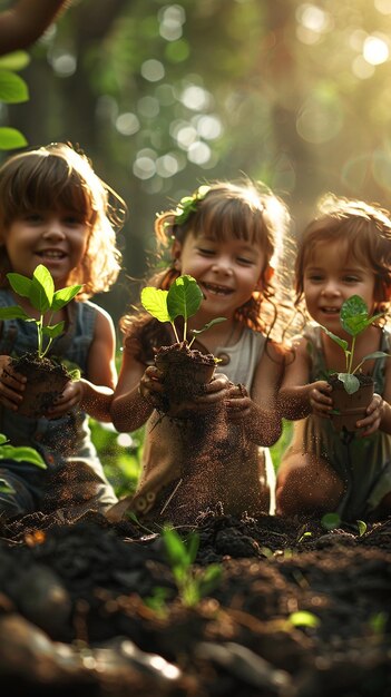 Children Holding Seedlings on Soil