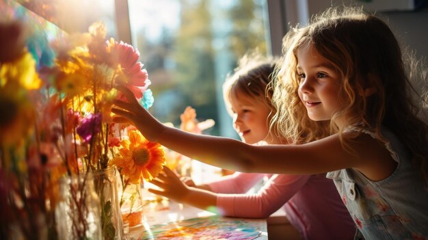 Children at home draw rainbows on the windows of the social community Flash mob in selfisolation quarantine pandemic Creative children colorful holidays artists