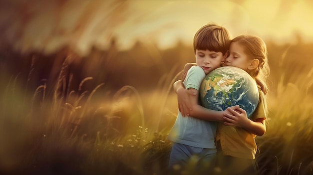 Children hug the earth globe with their hands