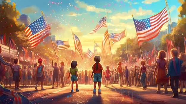 Children illustration in Independence day federal holiday United States USA Generative Ai