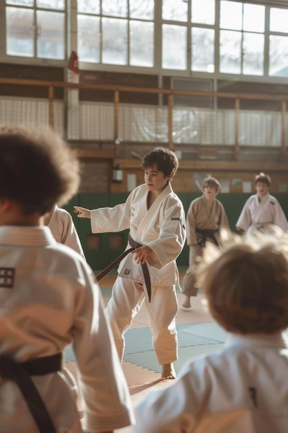 Photo children learning judo techniques in gym with instructor educational and lively scene