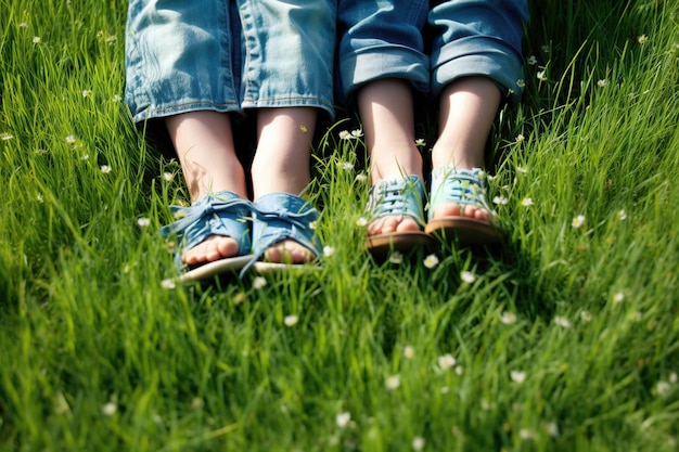 Children legs feet up on green grass Generative AI