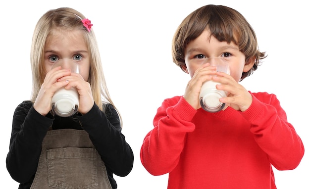 Children little girl boy child drinking milk kid glass healthy eating isolated on white