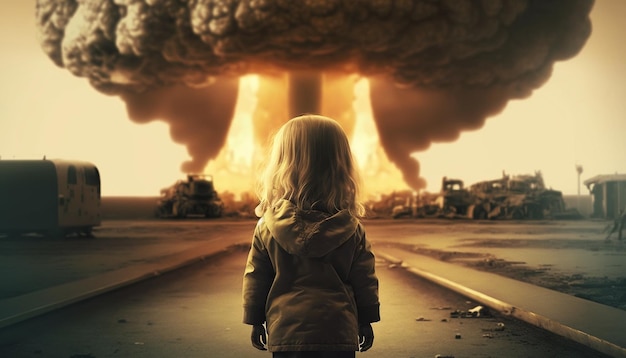 Children look at the nuclear explosion with their backs. Generative AI,