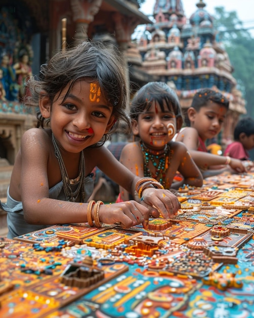 Children Making Colorful Paper Decorations Background