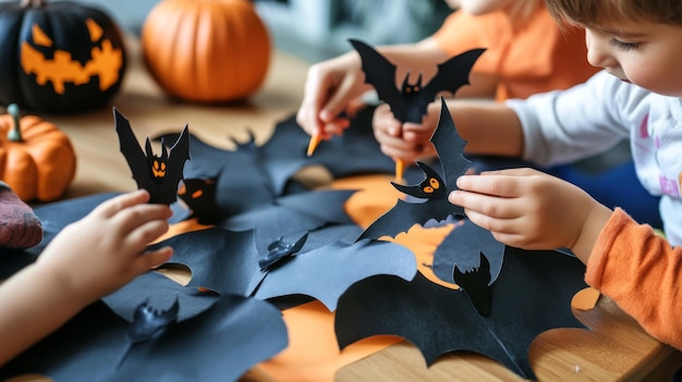 Photo children making paper bats for halloween decorations