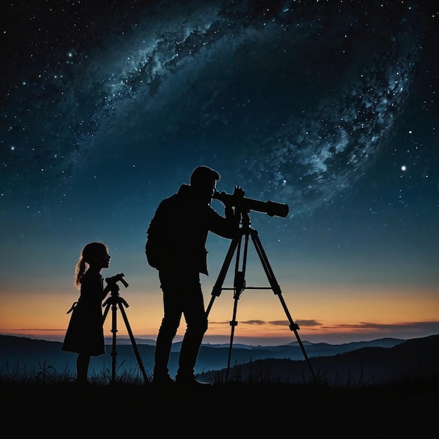 Children and man look through the telescope in dark twilight on a hill against the background of the big moon and stars