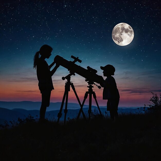 Children and man look through the telescope in dark twilight on a hill against the background of the big moon and stars