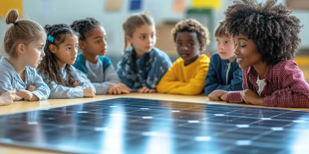 Photo children near solar panel