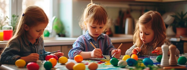 children paint Easter eggs Selective focus