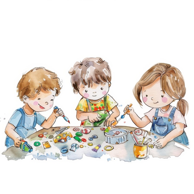 Children painting with paints Watercolor illustration on a white background