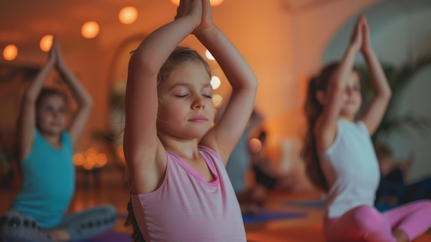 Children and parents participate in a yoga session stretching their bodies and minds together