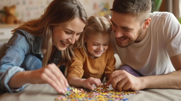 Children and parents playing a puzzle game on the sofa at home