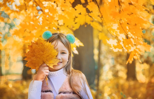 Children in the park with autumn leaves. Selective focus.