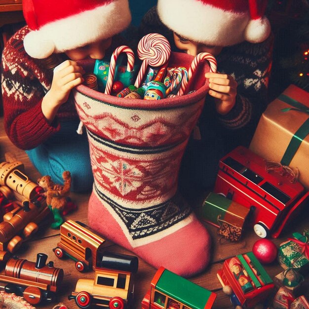 Photo children peeking into a christmas stocking