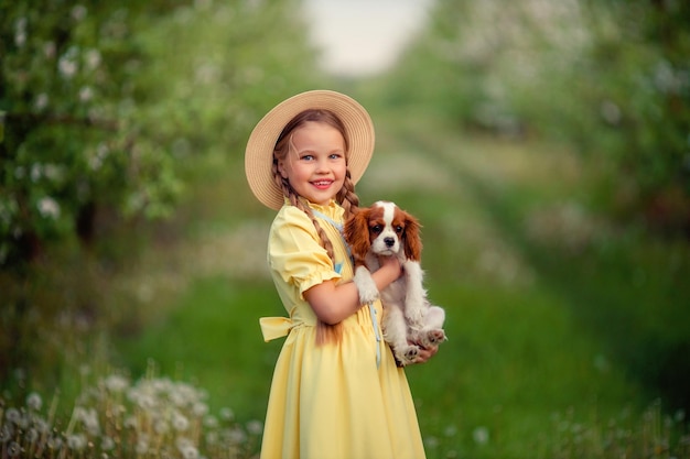 Children and pets cute little girl in a hat with pigtails holding a brown puppy cavalier king charles spaniel in her arms