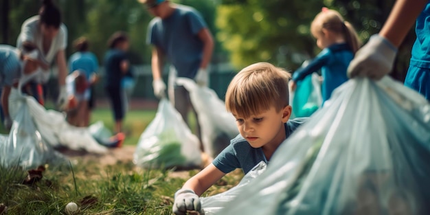 Children picking up trash at the park for Earth Day Generative AI