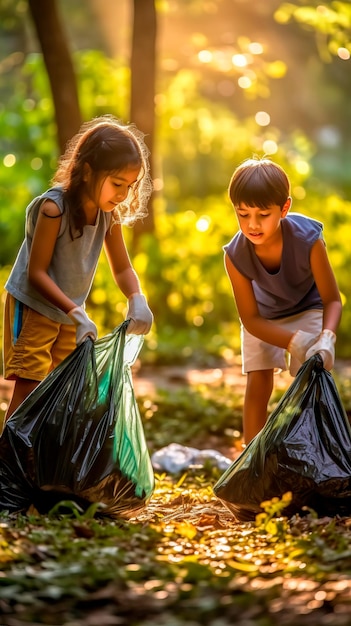 Children picking up trash at the park for Earth Day Generative AI