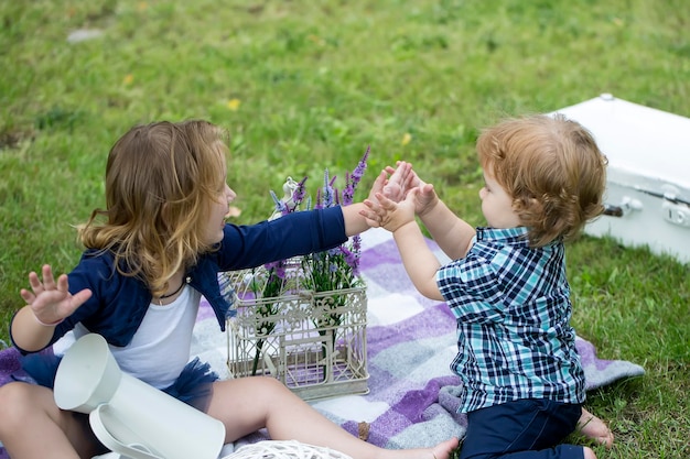 Children on pirnic cute little baby on the meadow field toddler child walking outdoor family vacatio